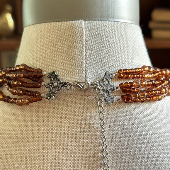Vintage Brown Beaded Necklace Multi-Strand Plastic Beads with Floral Accent Bead - Picture 6 of 6